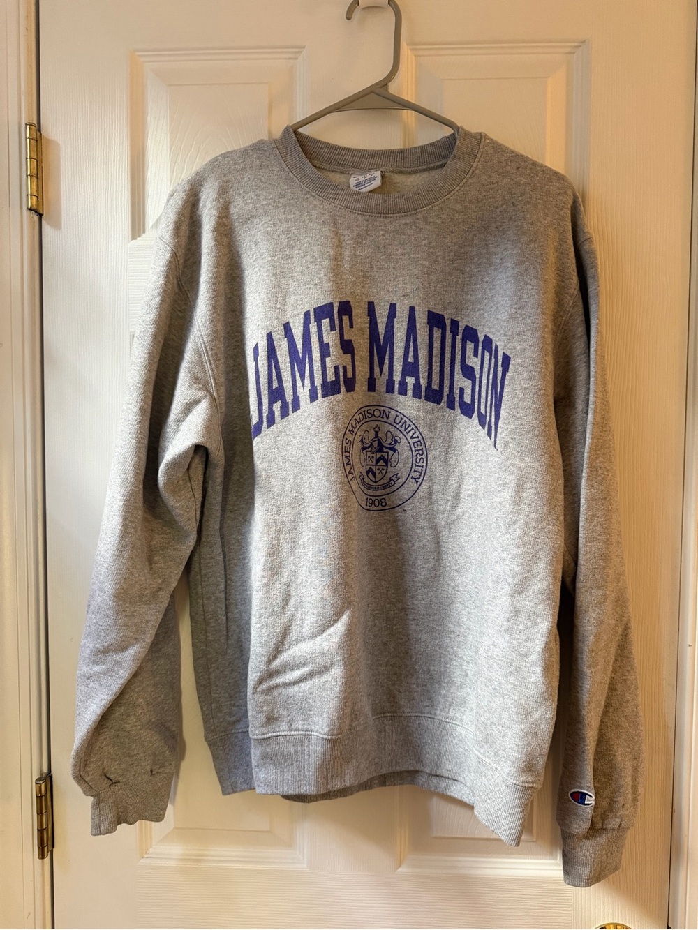 Champion Gray James Madison University Crewneck Sweatshirt with Purple Print